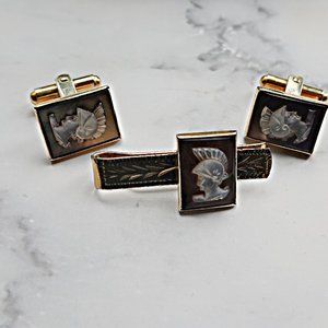 Gold Gilt Silver Italian Gladiator Cufflinks  Tie Bar Set